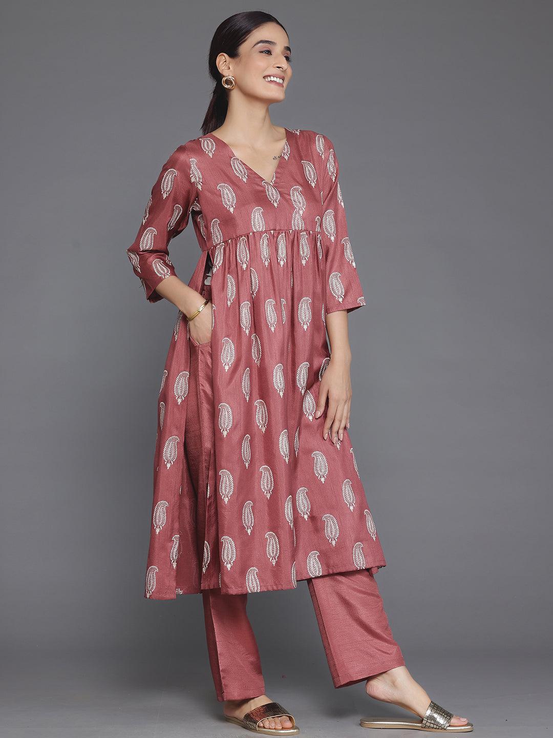 Mauve Printed Silk Blend A-Line Kurta With Trousers - Libas