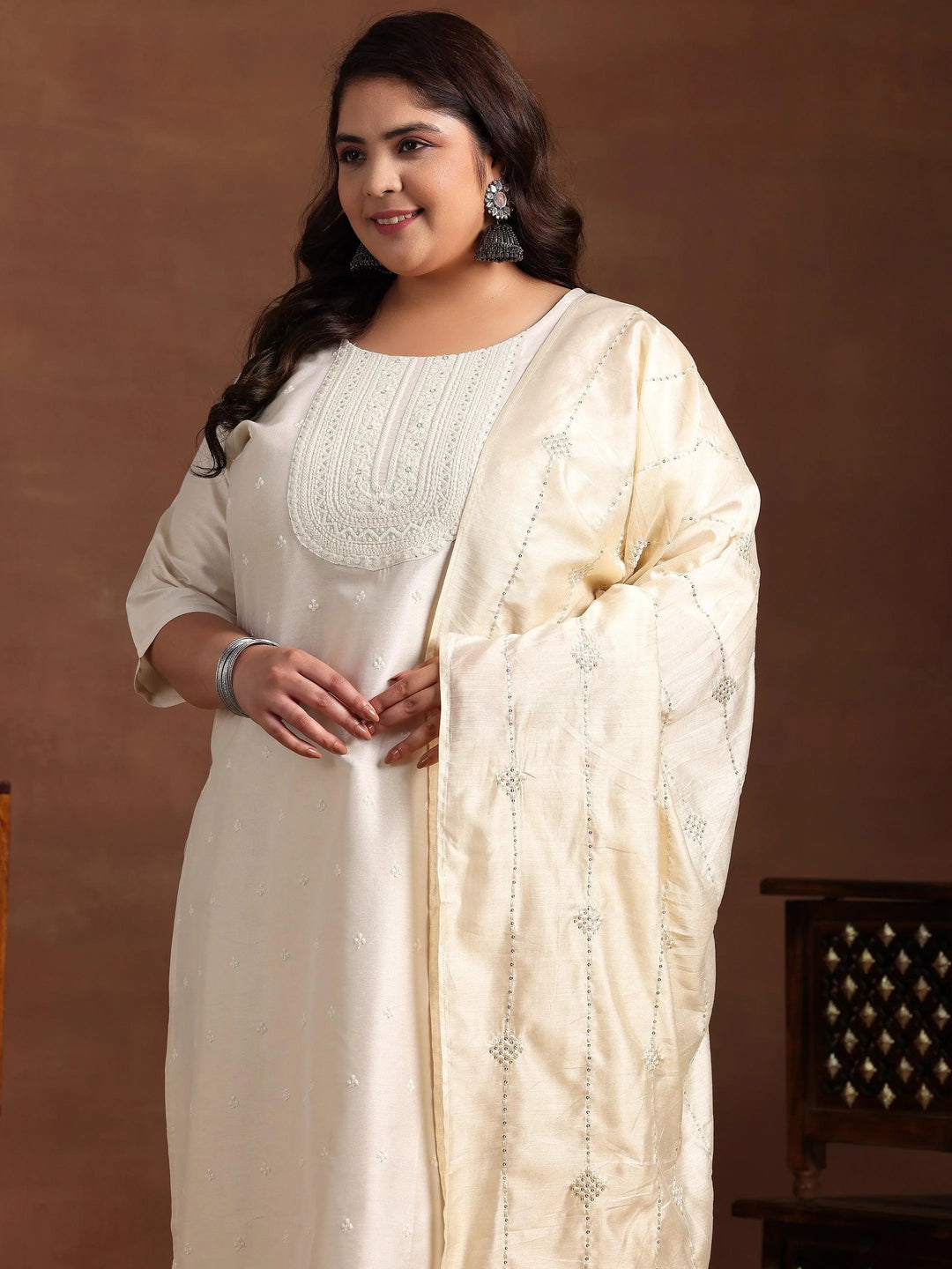 Plus Size Off White Embroidered Silk Blend Straight Suit With Dupatta - Libas