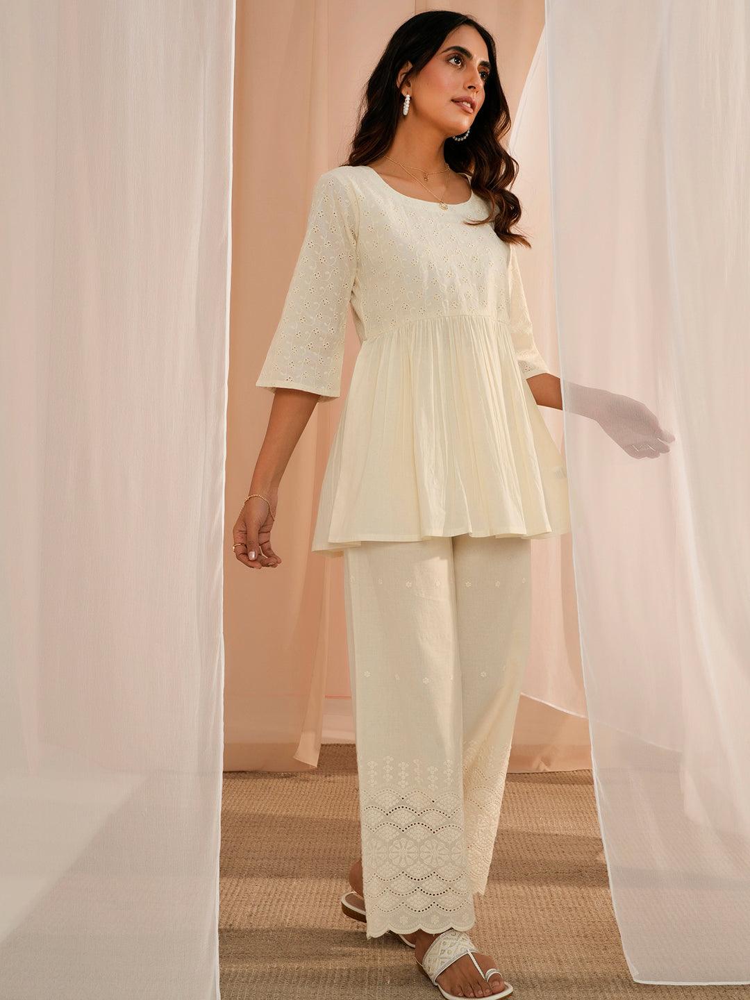 Off White Embroidered Cotton A-Line Kurti - Libas 