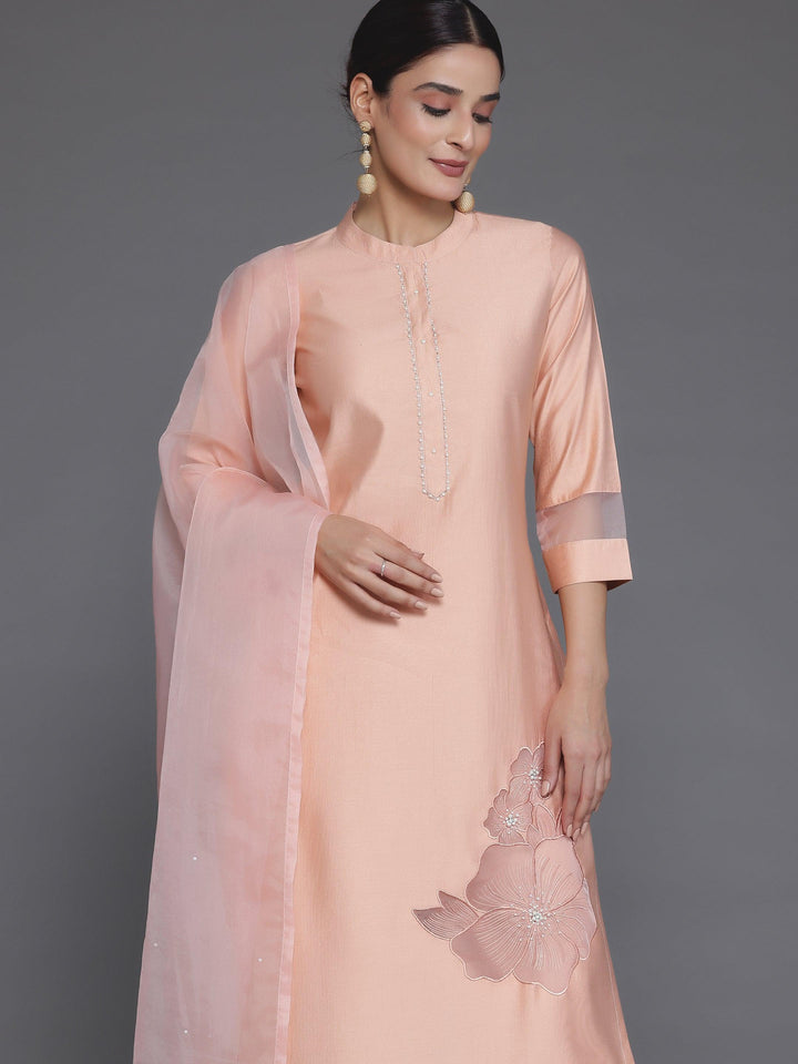 Peach Solid Silk Blend Straight Suit With Dupatta - Libas