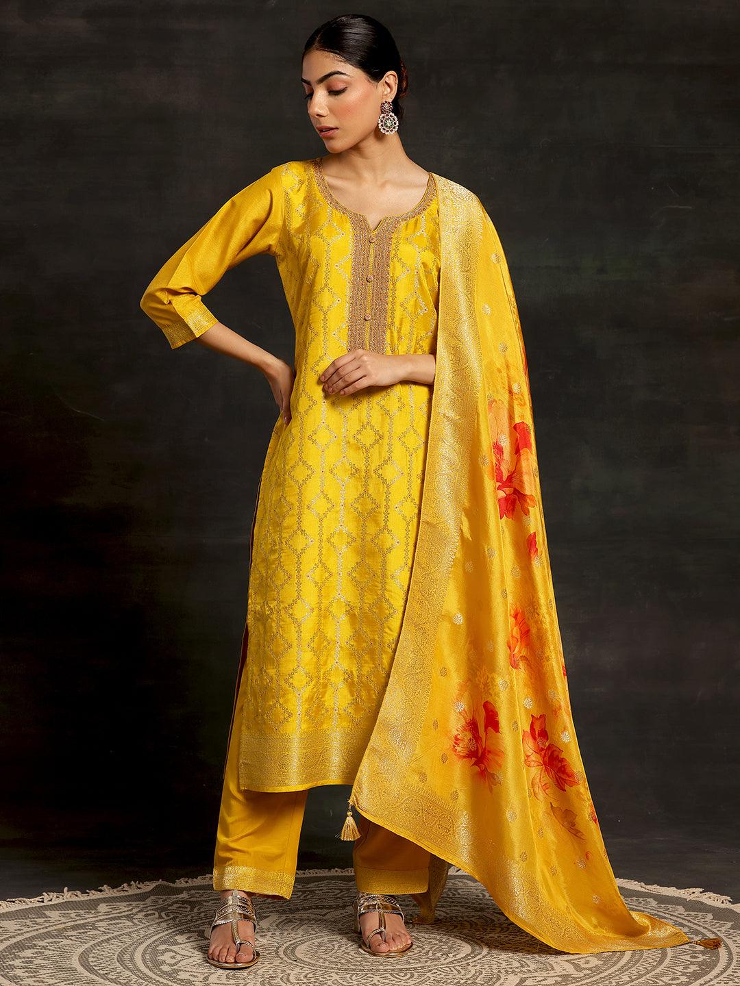 Mustard Woven Design Silk Blend Straight Suit With Dupatta - Libas 