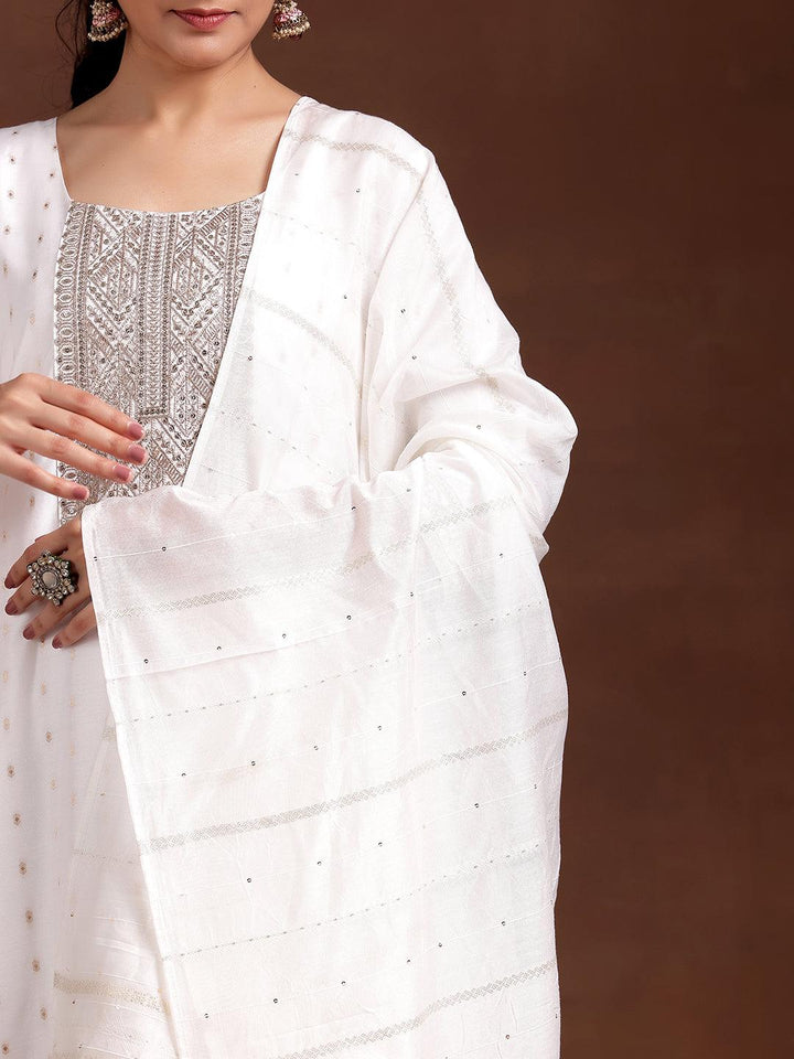 White Yoke Design Silk Blend Straight Suit With Dupatta - Libas