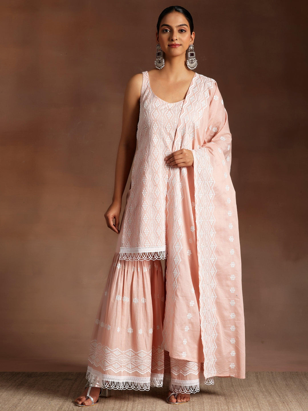 Peach Embroidered Cotton Straight Suit With Dupatta - Libas