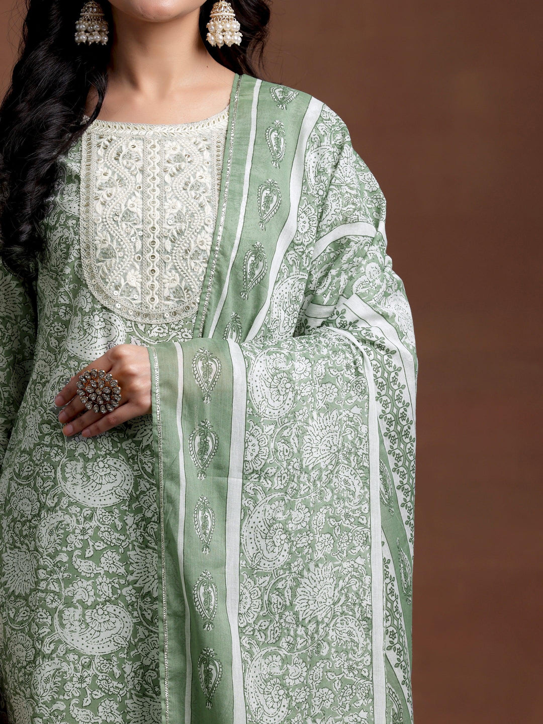 Green Yoke Design Cotton Straight Suit With Dupatta - Libas