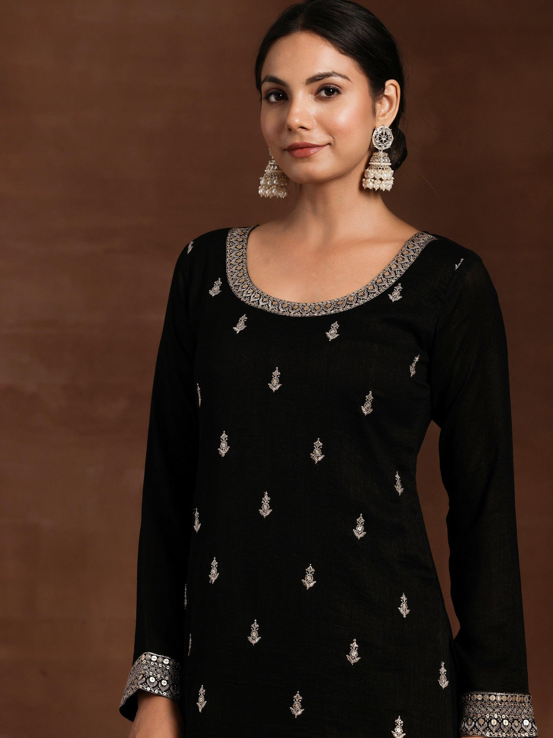 Black Embroidered Silk Blend Straight Suit With Dupatta - Libas