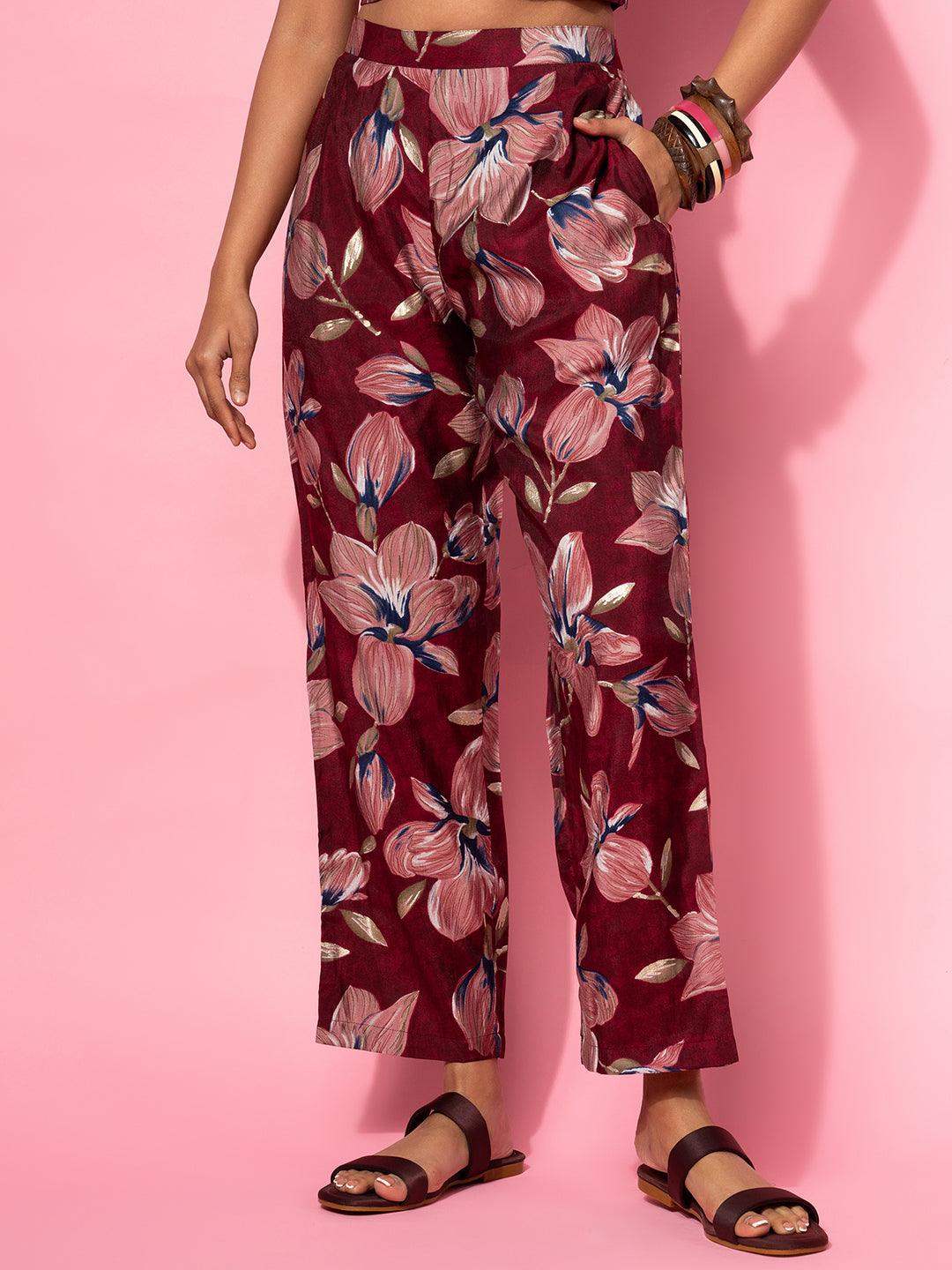 Maroon Printed Silk Blend Co-Ords - Libas