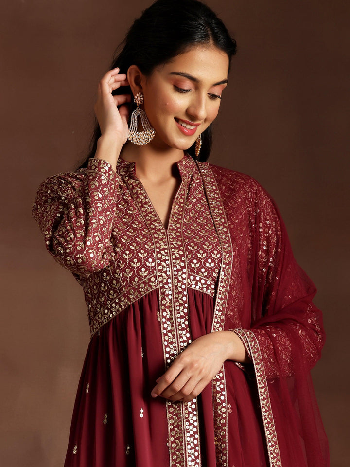 Mauve Embroidered Georgette A-Line Kurta With Trousers & Dupatta - Libas