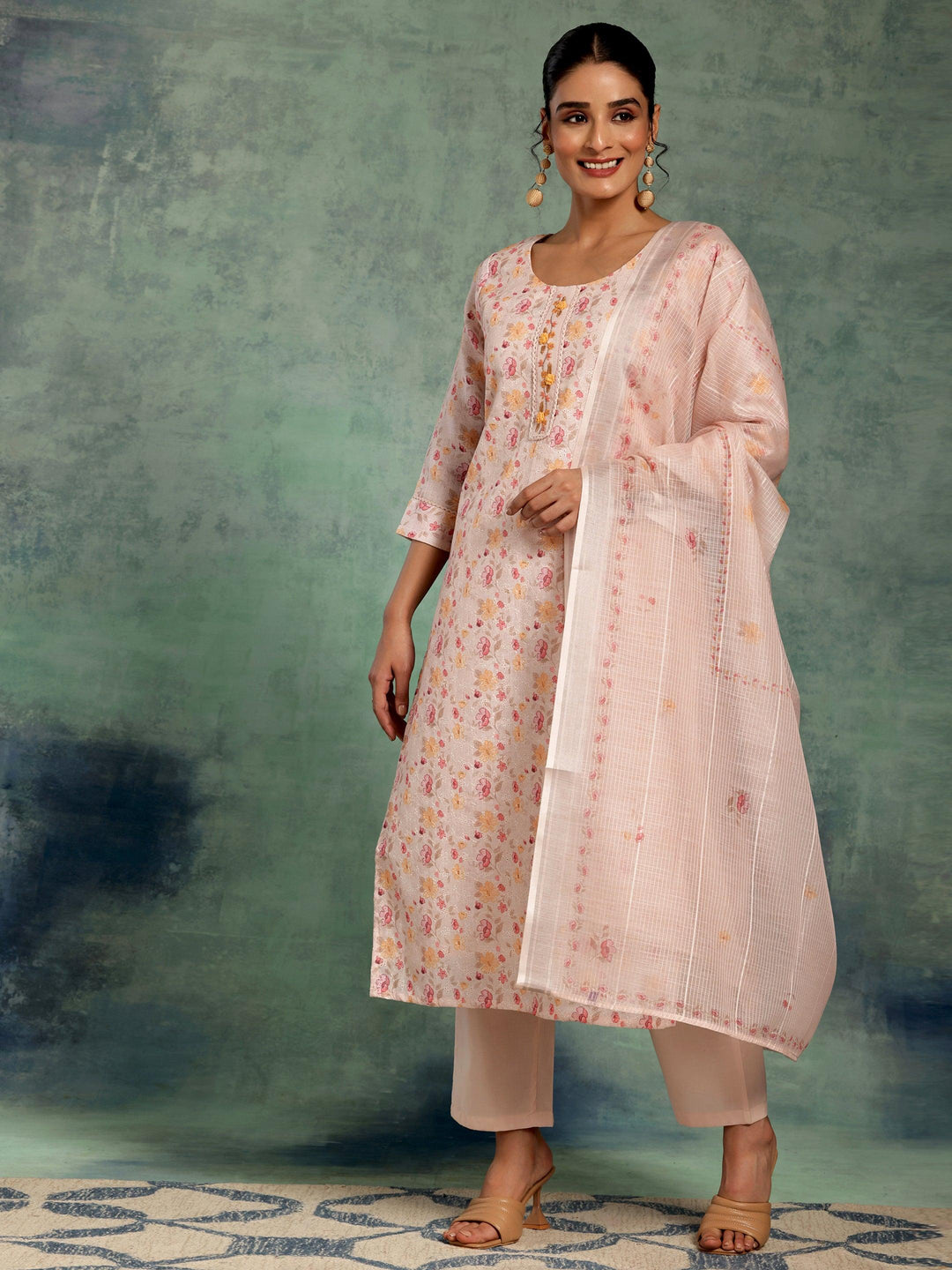 Peach Printed Cotton Straight Suit With Dupatta - Libas