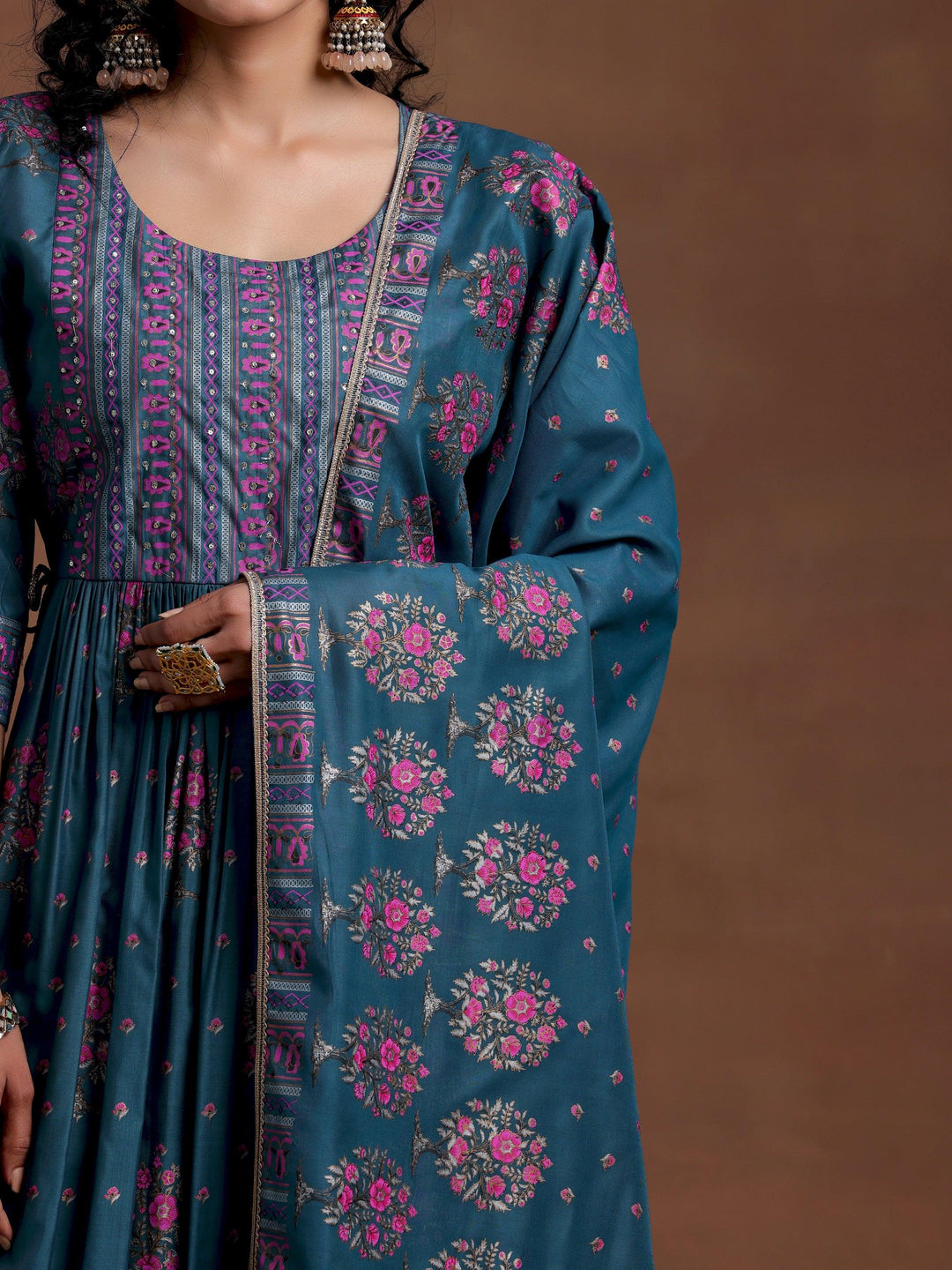 Blue Printed Silk Blend A-Line Kurta With Palazzos & Dupatta - Libas