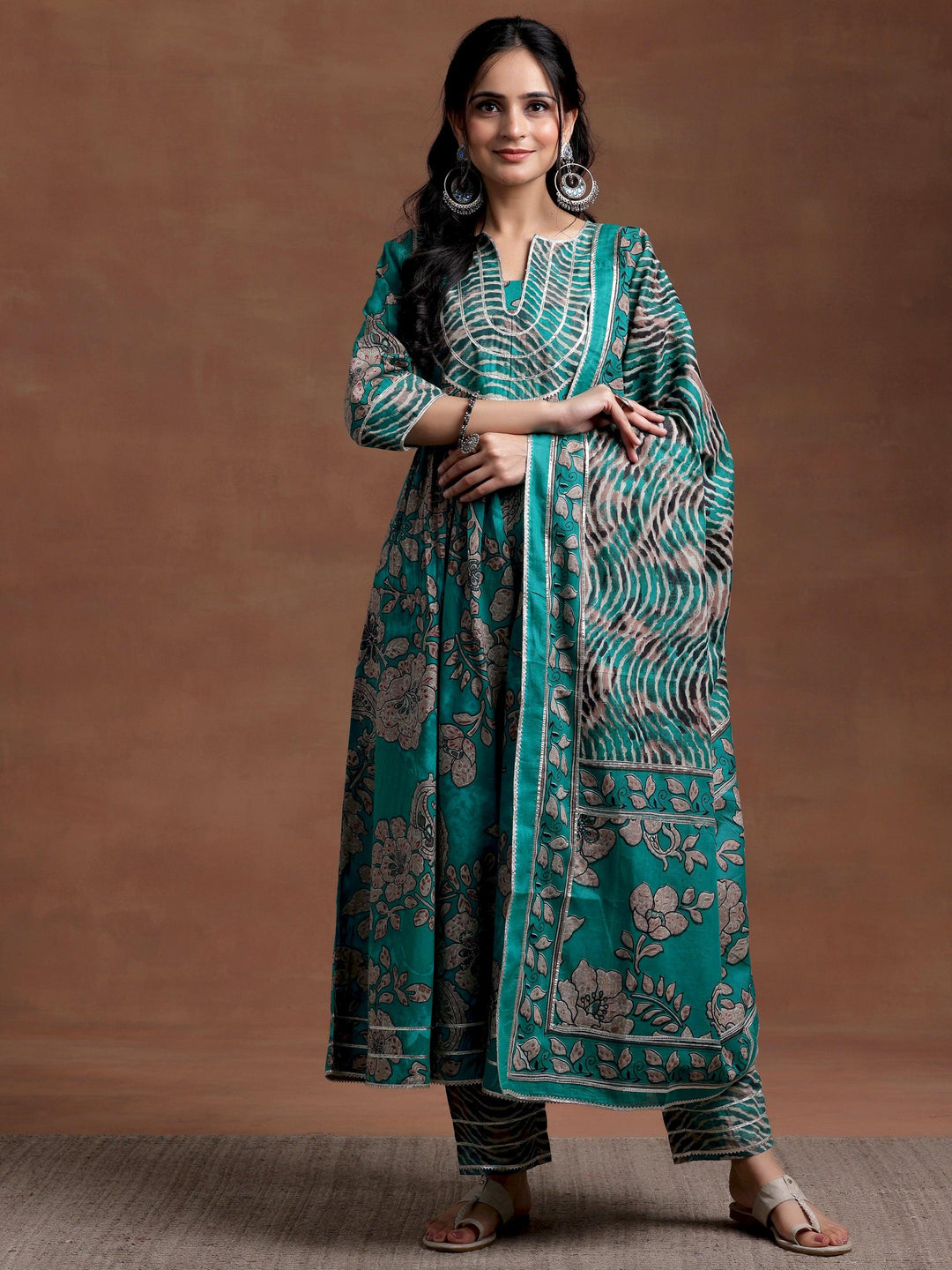 Green Printed Cotton Anarkali Suit With Dupatta - Libas