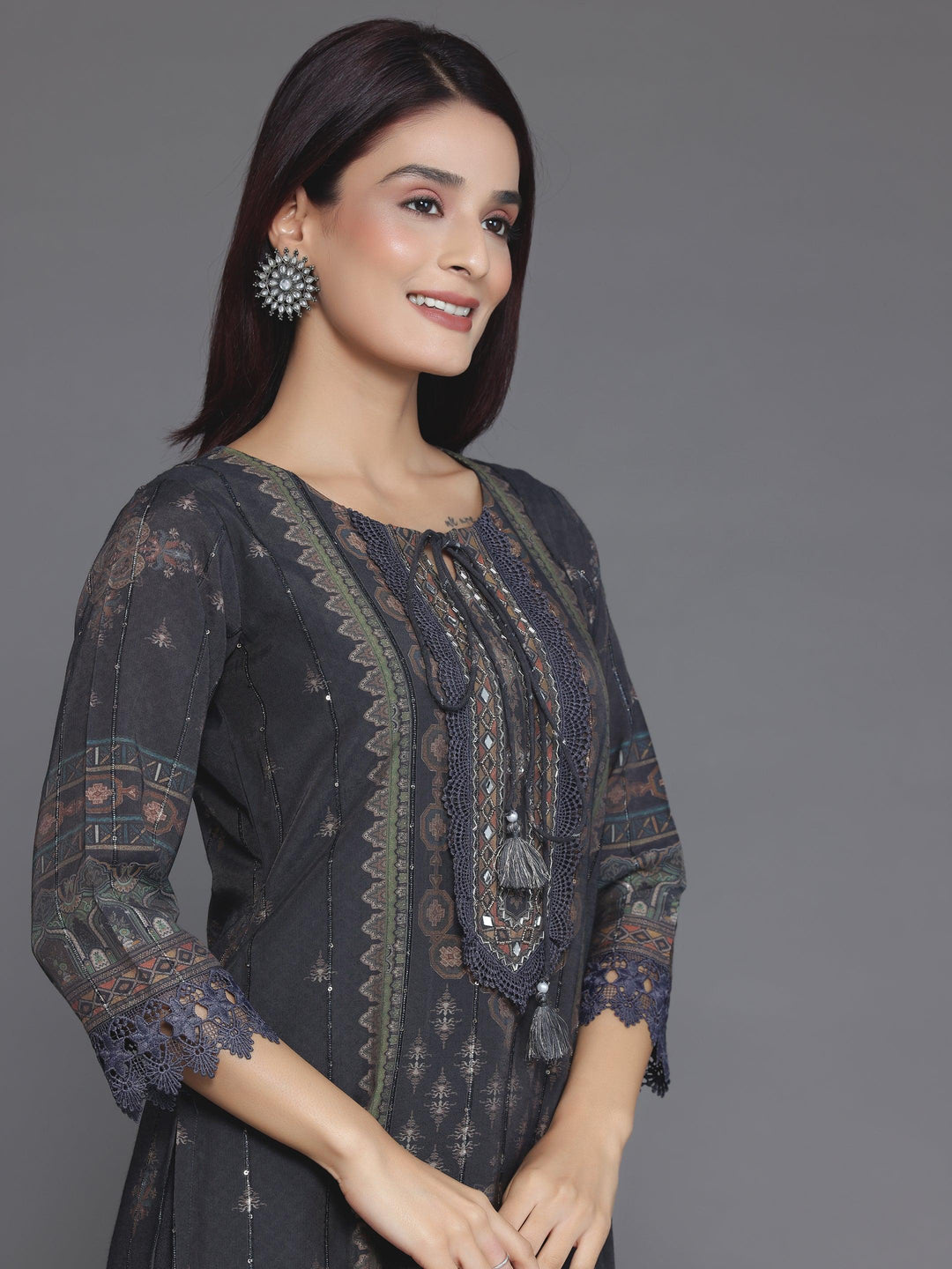 Grey Printed Silk Blend Straight Suit With Dupatta - Libas 