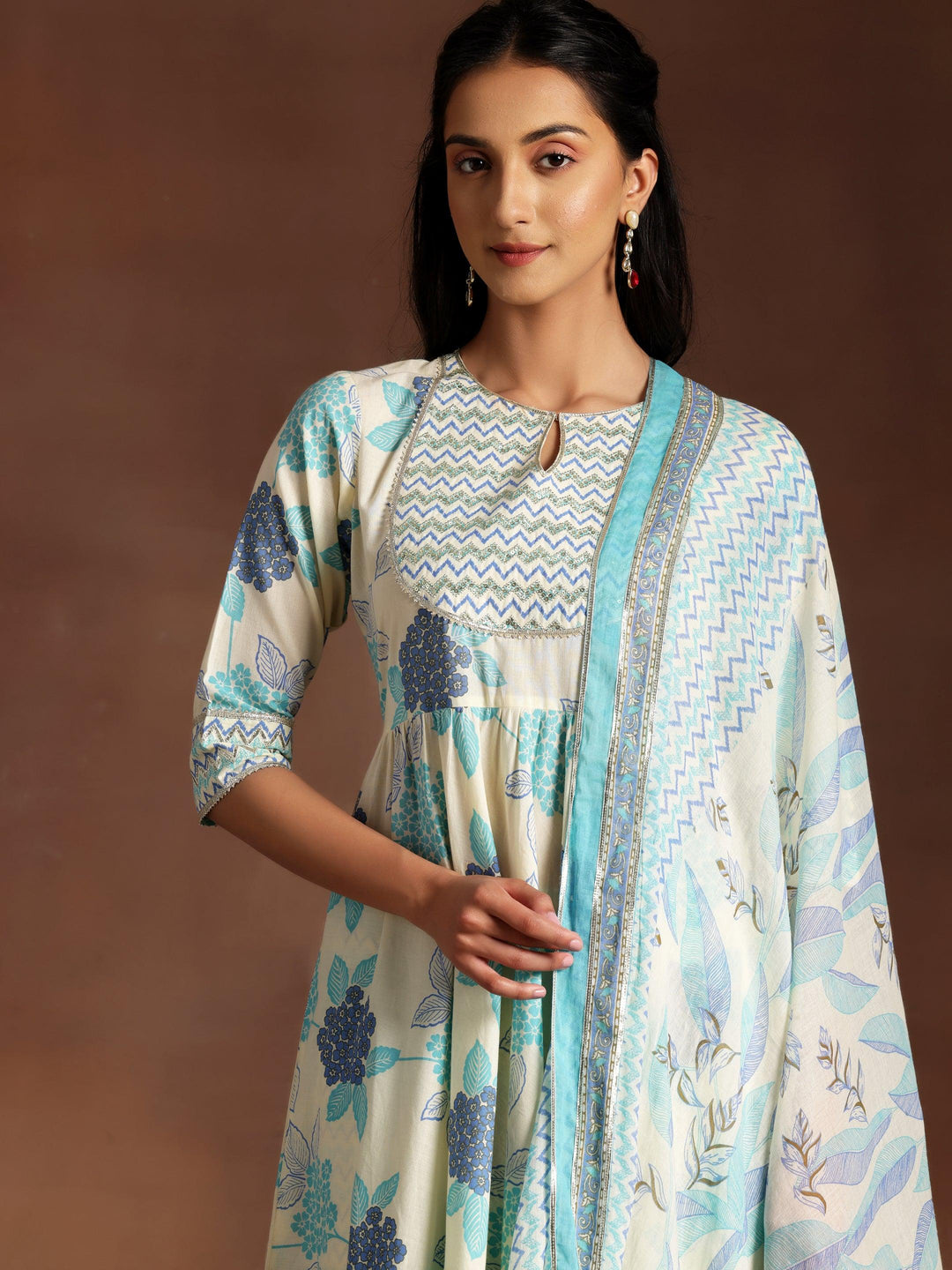 Turquoise Printed Cotton Anarkali Suit With Dupatta - Libas 