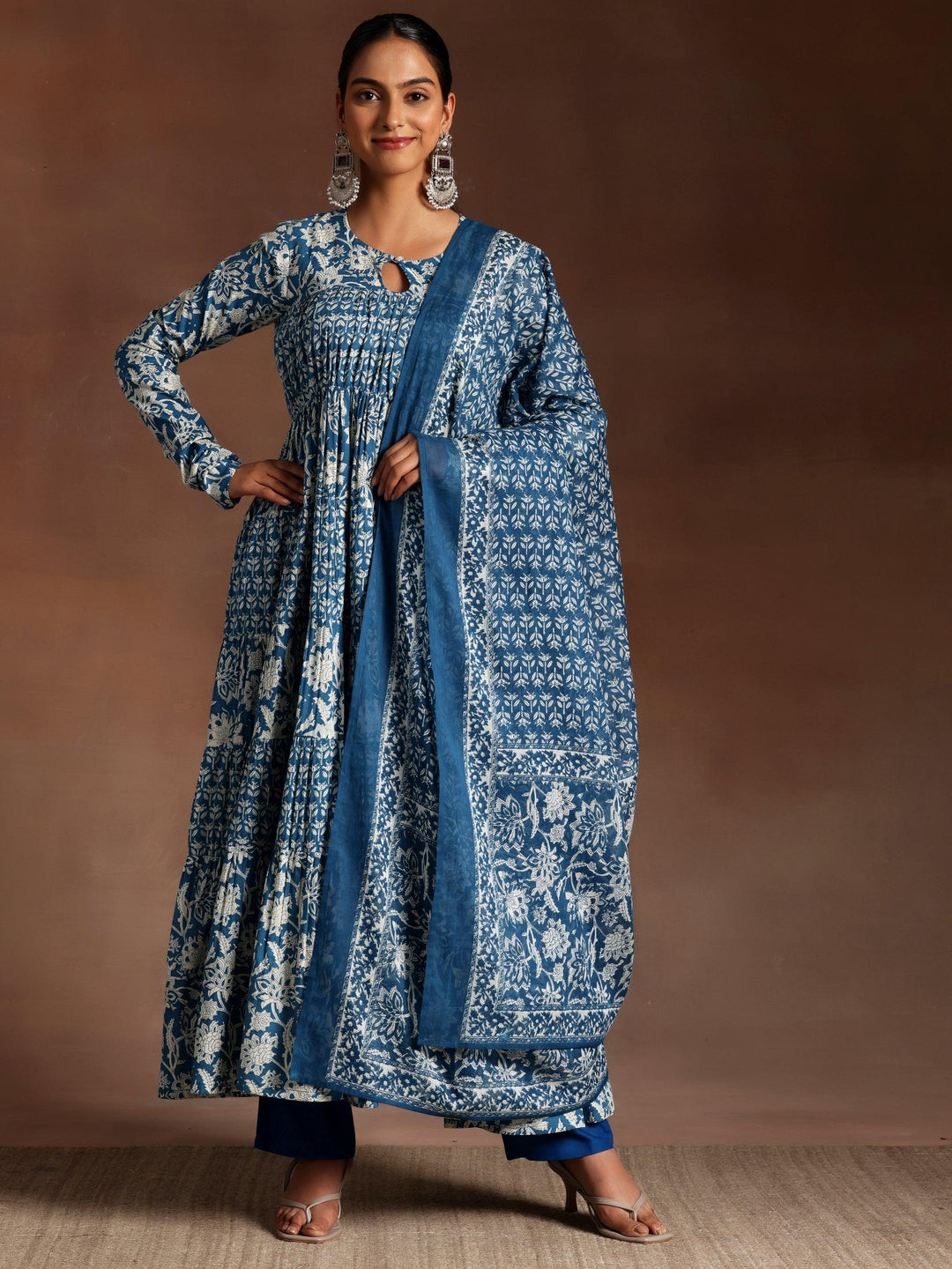 Blue Printed Cotton A-Line Kurta With Trousers & Dupatta - Libas