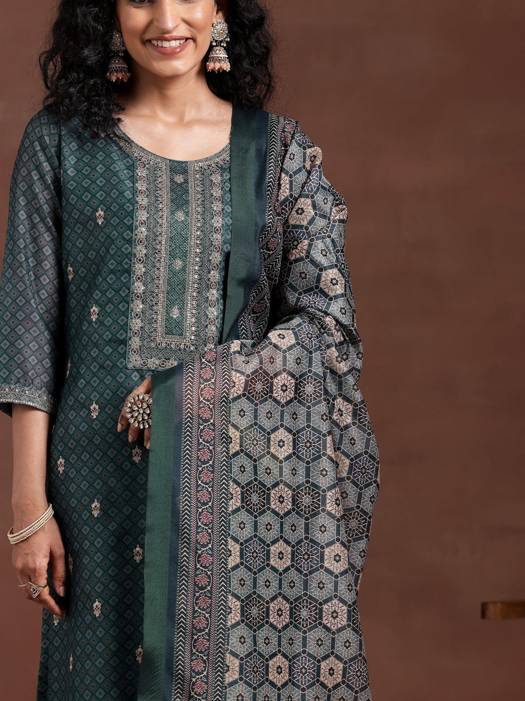 Teal Printed Silk Blend Straight Suit With Dupatta - Libas 