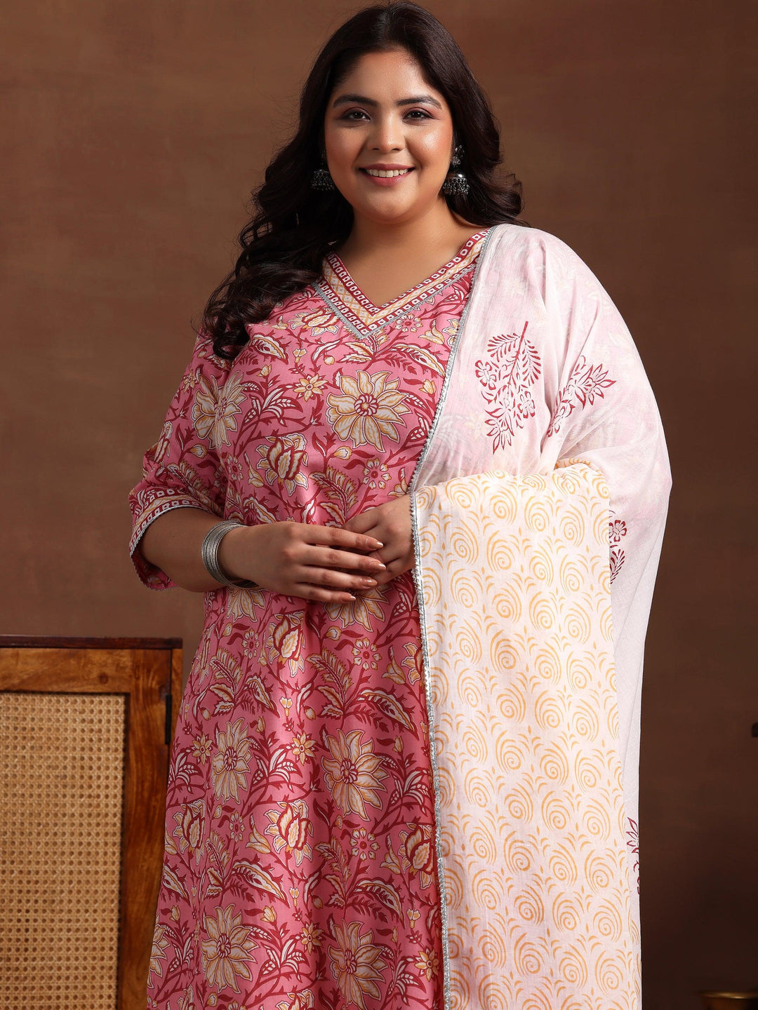 Plus Size Pink Printed Cotton Straight Suit With Dupatta - Libas