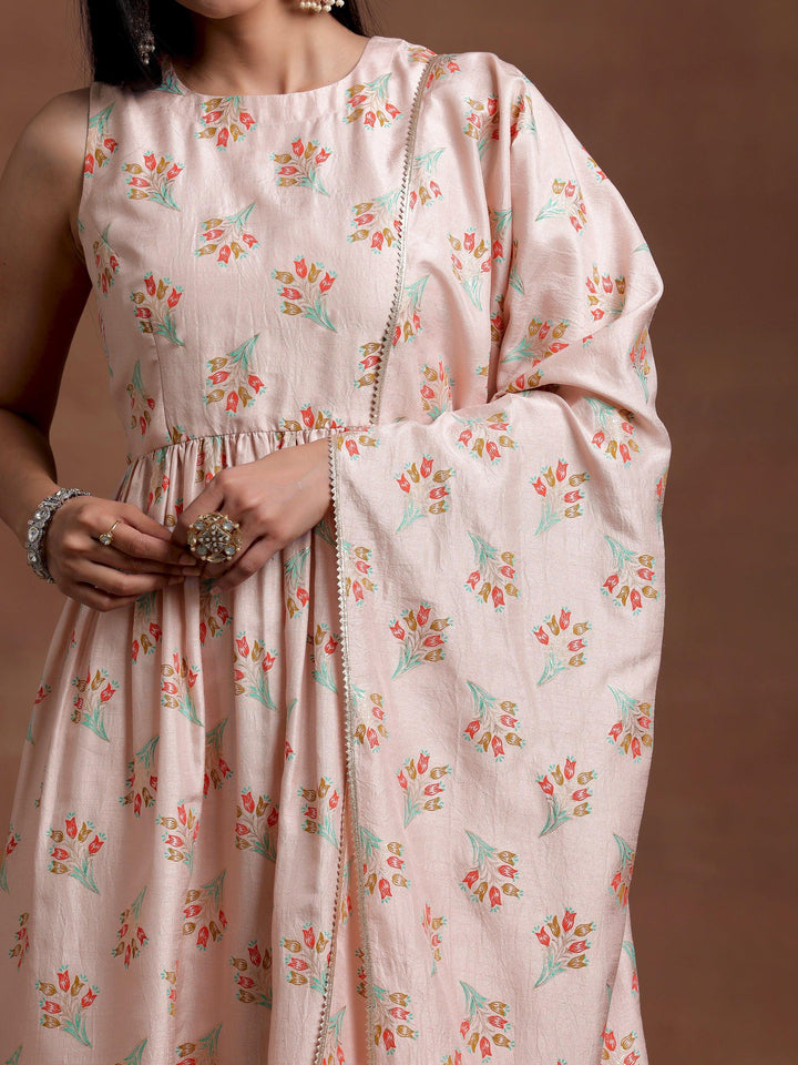 Powder Pink Printed Silk Blend A-Line Kurta With Palazzos & Dupatta - Libas