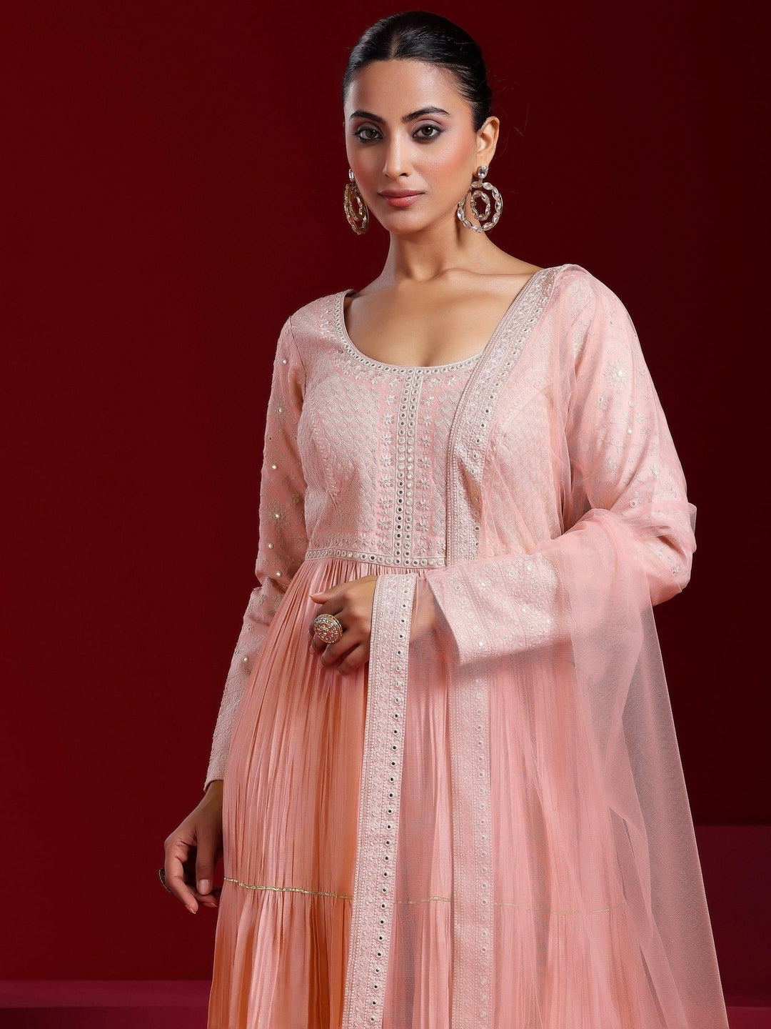 Libas Art Peach Embroidered Cotton Blend A-Line Kurta With Sharara & Dupatta - Libas 