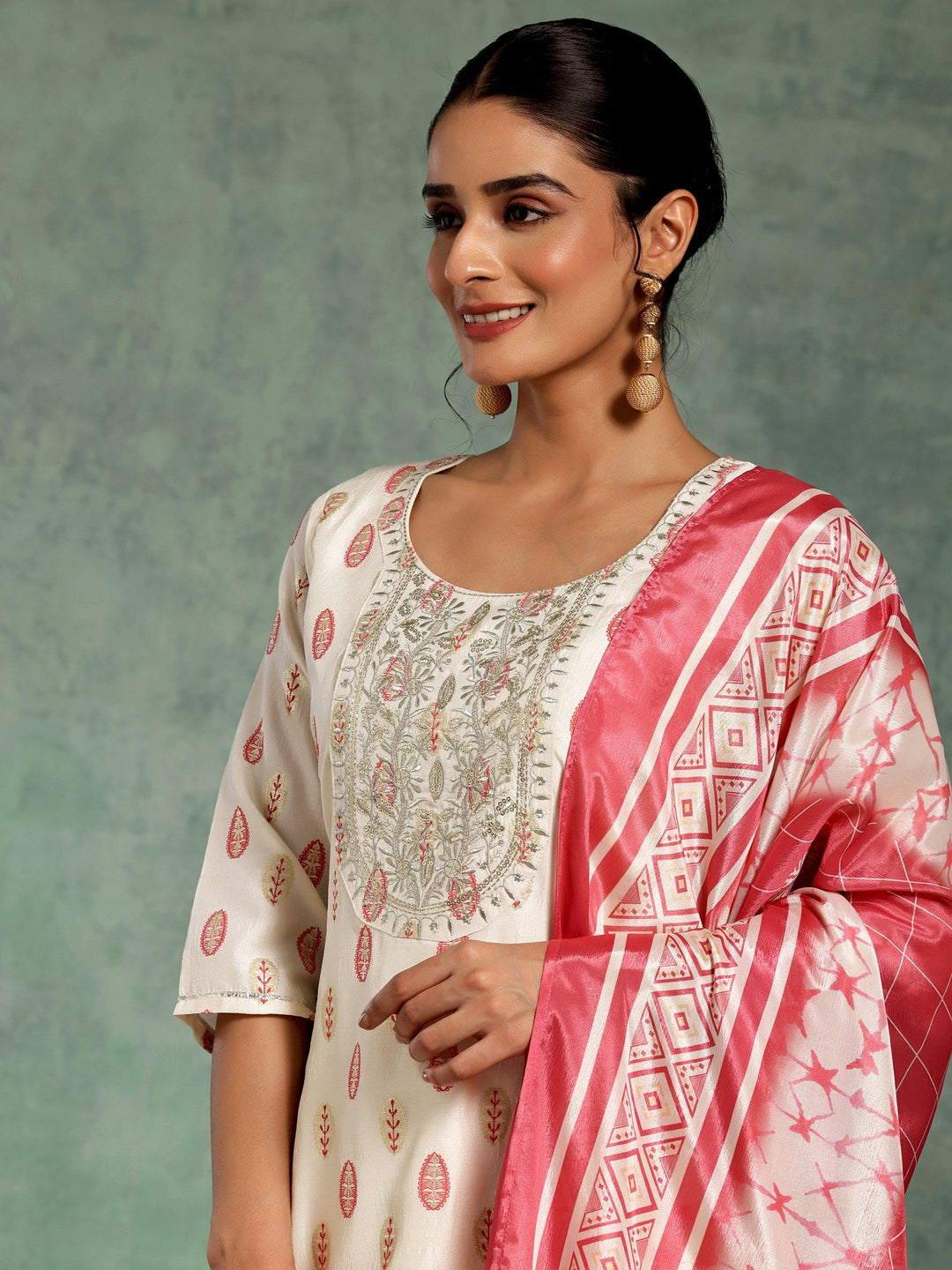 Off White Printed Silk Blend Straight Suit With Dupatta - Libas 