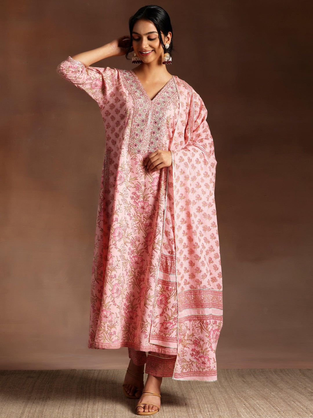 Mariyam Pink Printed Cotton A-Line Kurta With Palazzos & Dupatta - Libas 