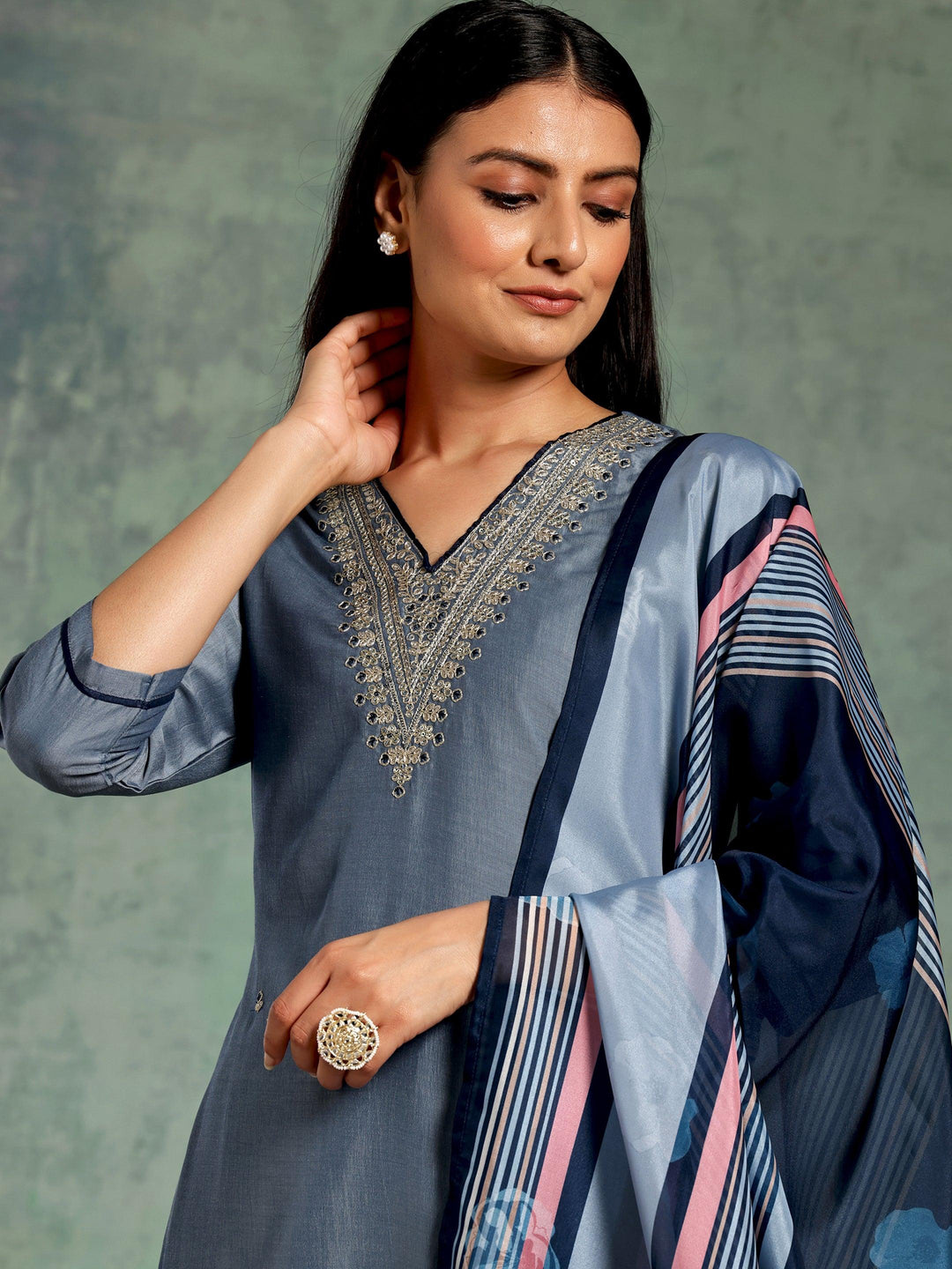 Blue Embroidered Silk Blend Straight Suit With Dupatta - Libas