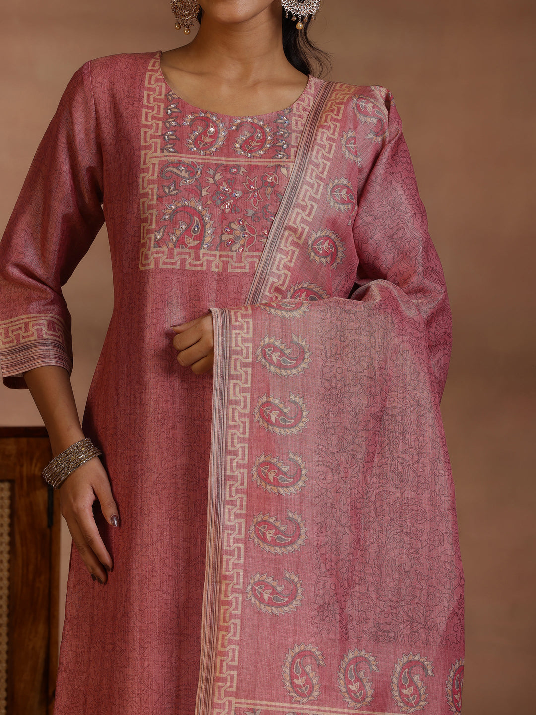  Pink Printed Silk Straight Suit With Dupatta 