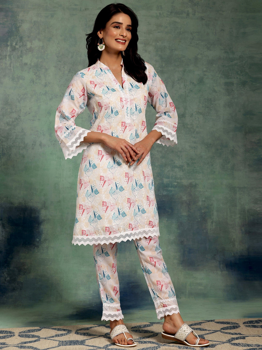 Cream Printed Cotton A-Line Kurta With Trousers - Libas