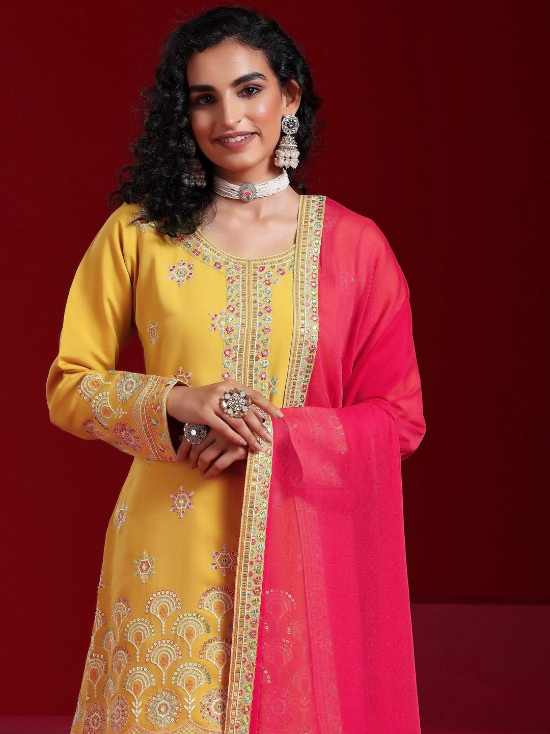 Libas Art Yellow Embroidered Silk Blend Straight Suit With Dupatta - Libas