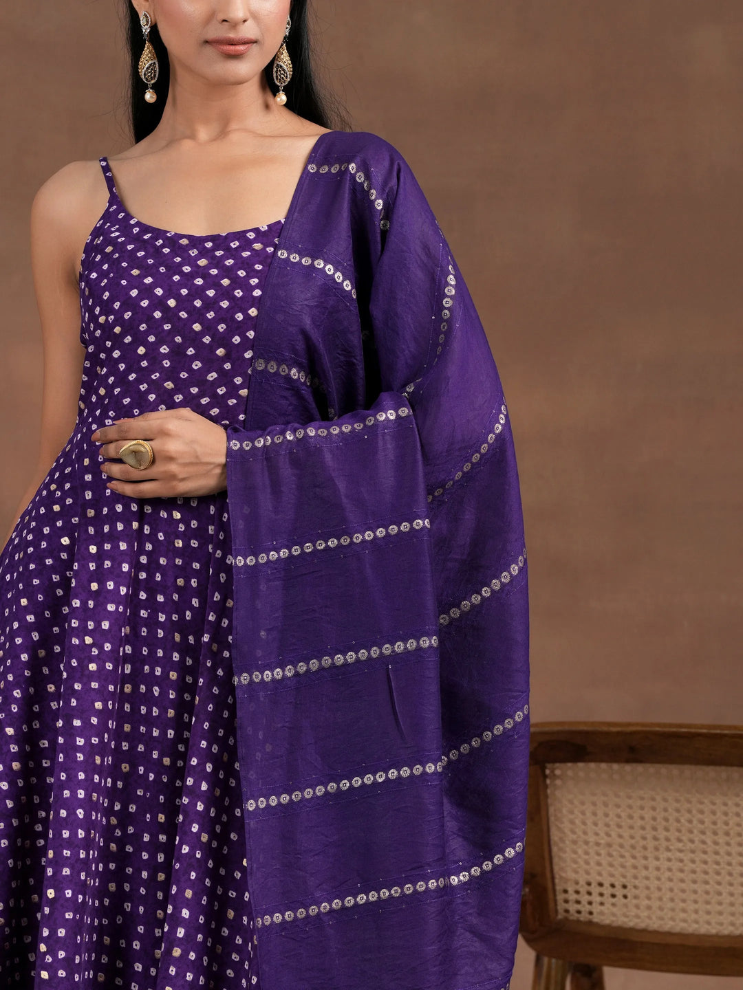  Purple Printed Silk Blend Anarkali Suit With Dupatta 