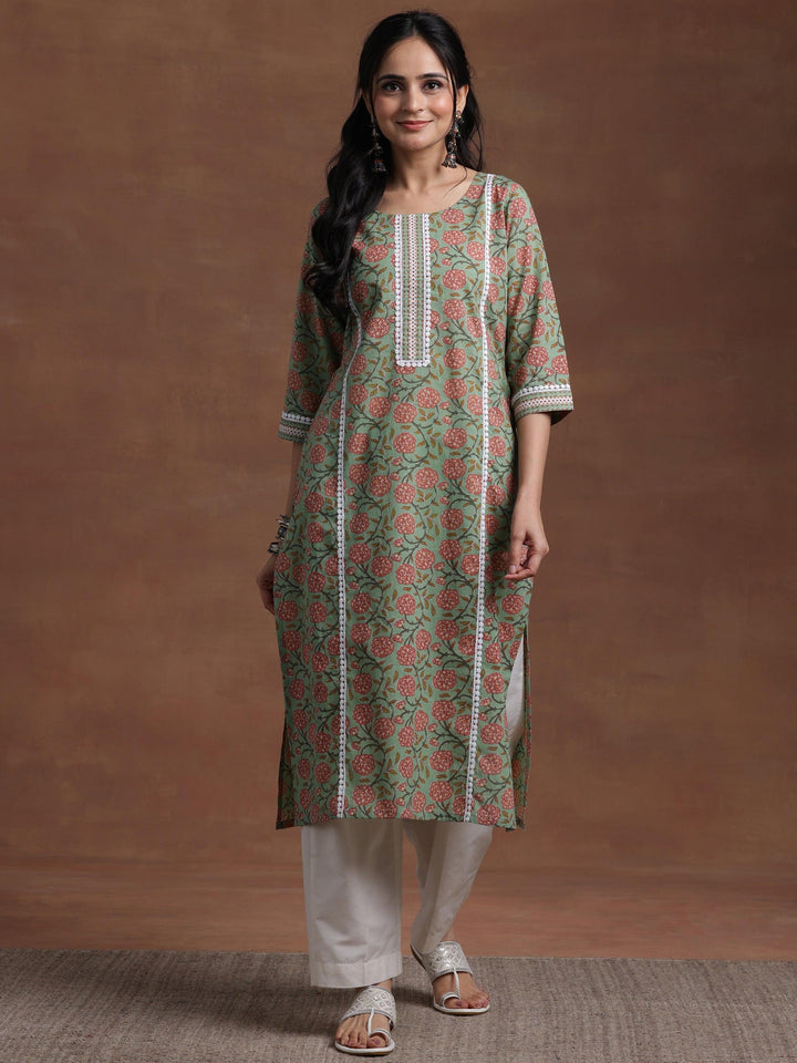 Green Printed Cotton Straight Kurta - Libas