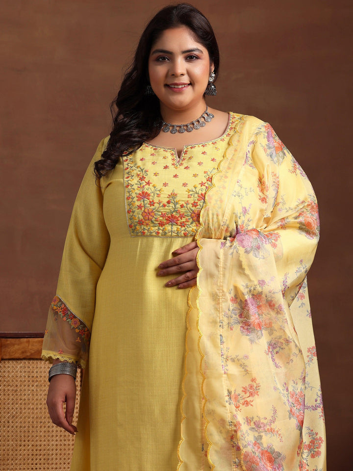 Plus Size Yellow Yoke Design Silk Blend Straight Suit With Dupatta - Libas