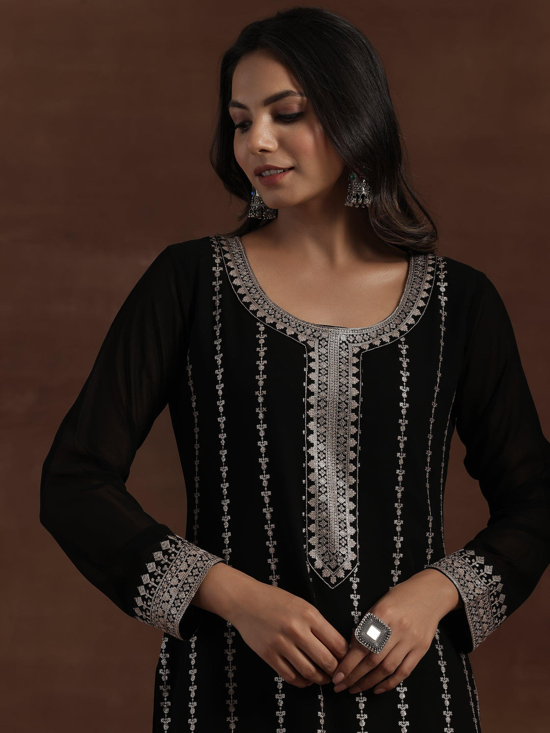 Black Embroidered Georgette Straight Suit With Dupatta - Libas