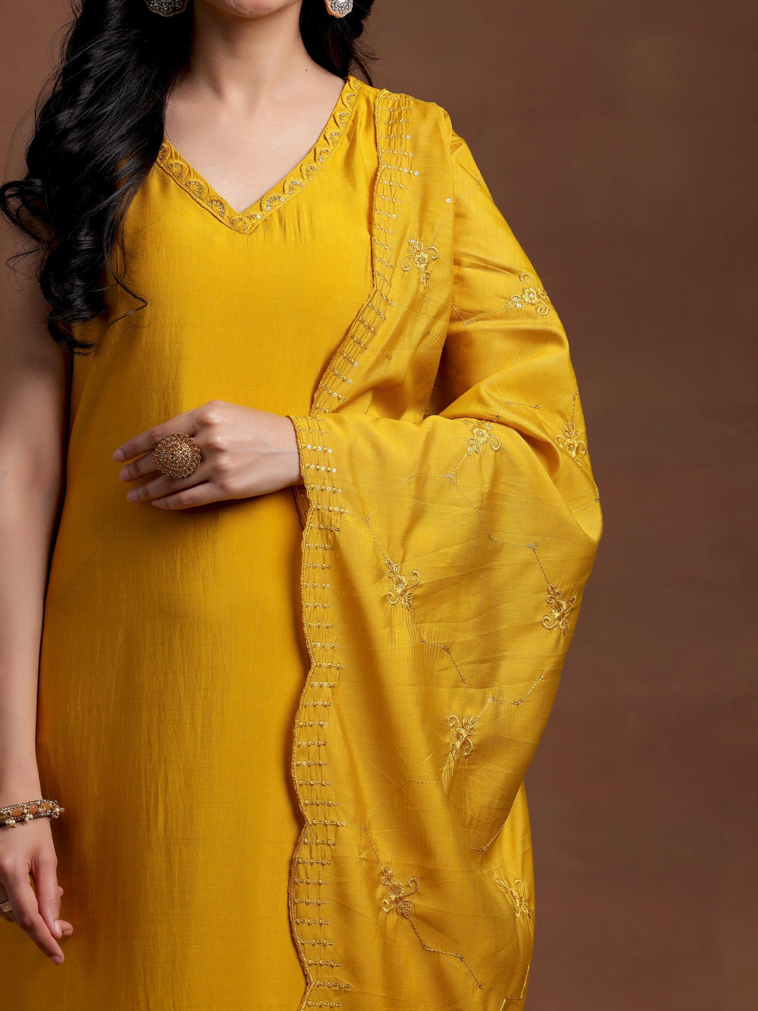 Mustard Solid Silk Blend Straight Suit With Dupatta - Libas