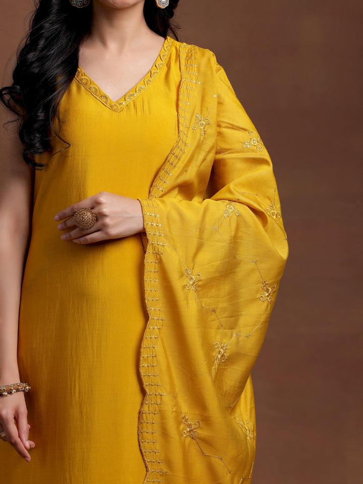 Mustard Solid Silk Blend Straight Suit With Dupatta - Libas