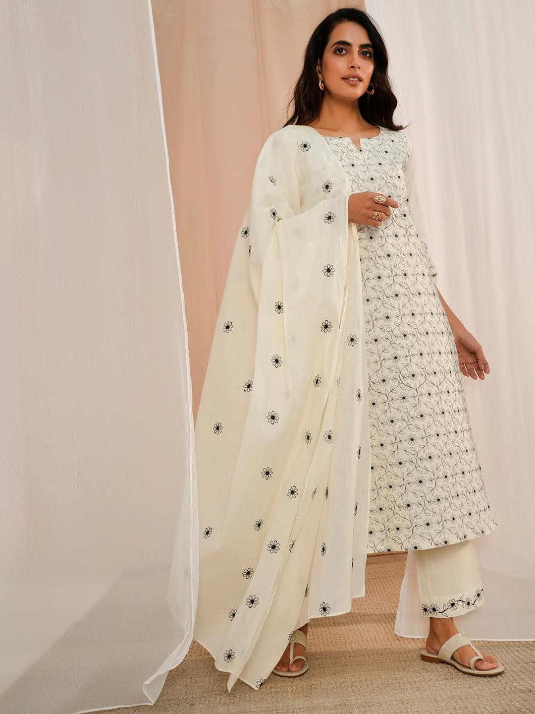 Off White Embroidered Cotton Straight Suit With Dupatta - Libas 