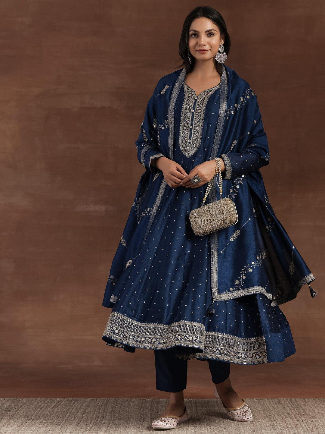 Rizwana Blue Embroidered Silk Blend A-Line Kurta With Trousers & Dupatta - Libas 