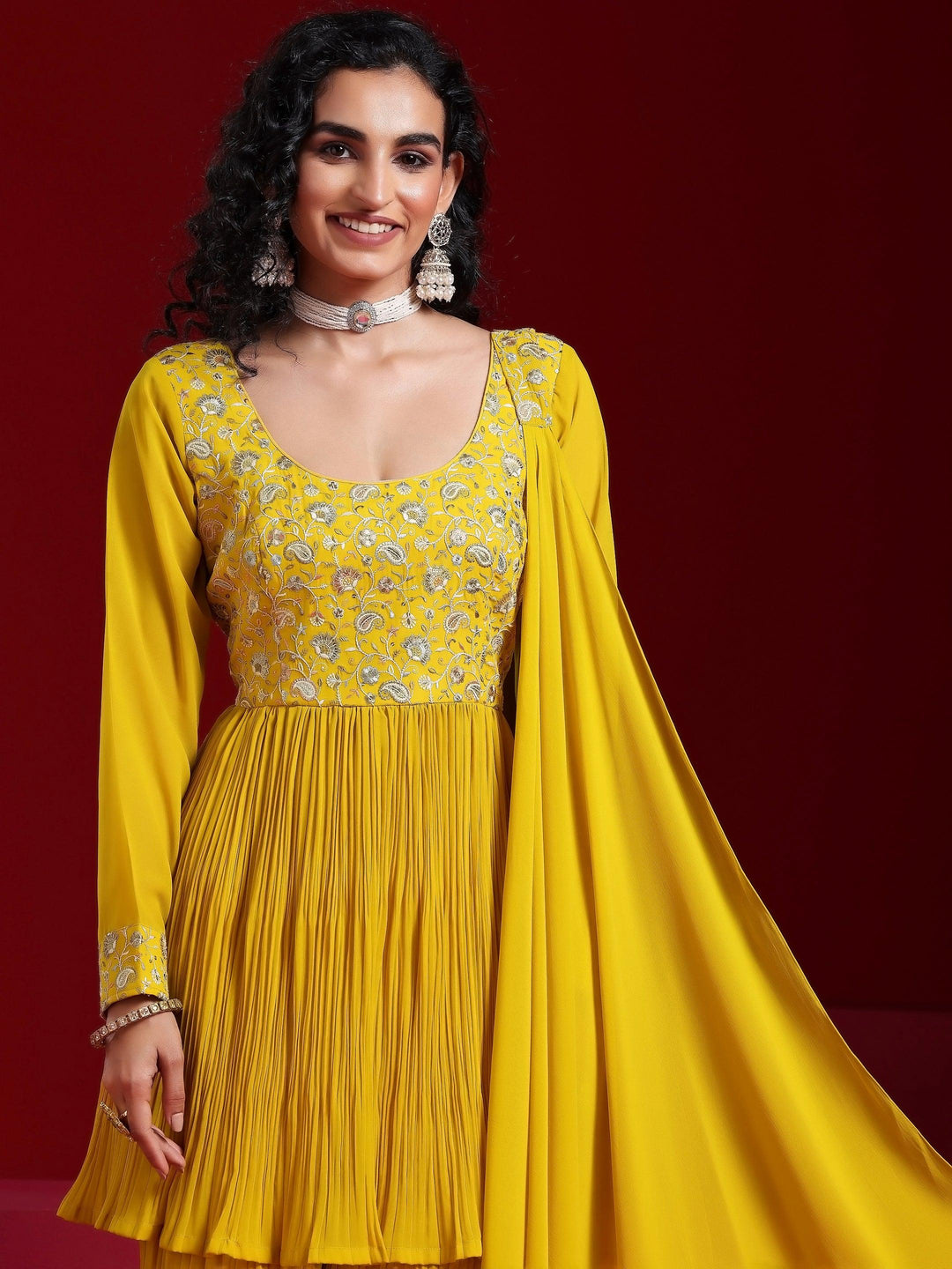 Libas Art Mustard Embroidered Georgette A-Line Kurta With Sharara & Dupatta - Libas 