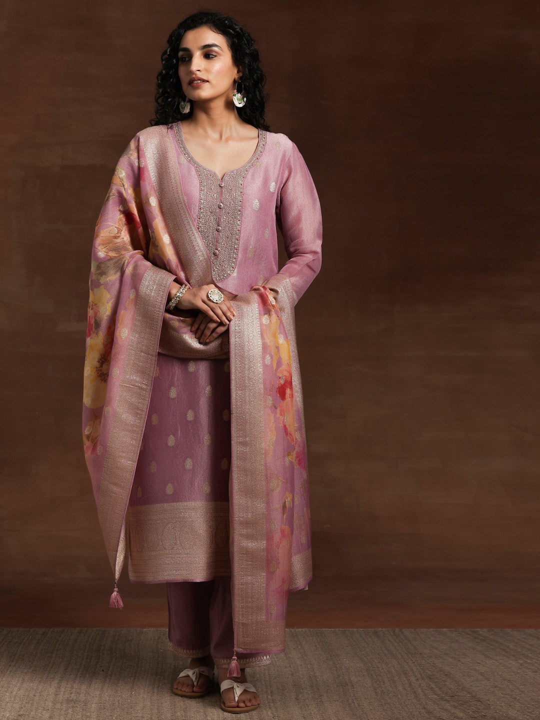 Mauve Woven Design Silk Blend Straight Kurta With Palazzos & Dupatta - Libas 