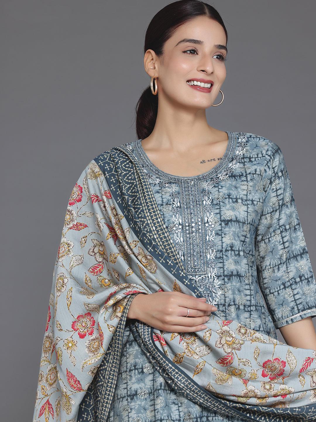 Grey Printed Silk Blend Straight Suit With Dupatta - Libas 