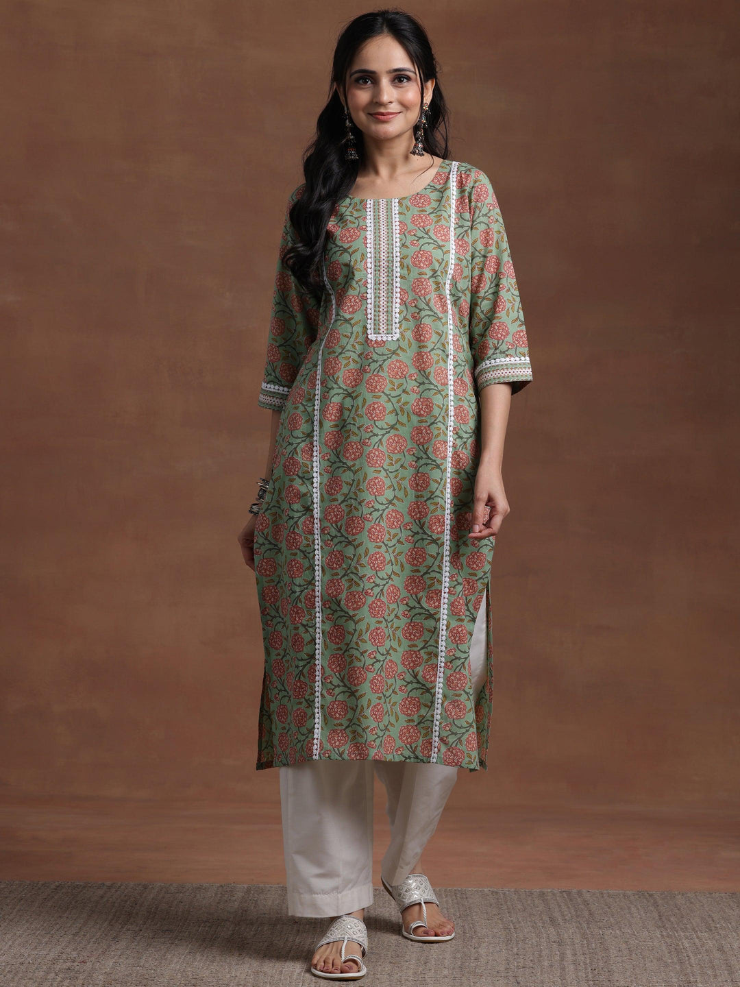 Green Printed Cotton Straight Kurta - Libas 