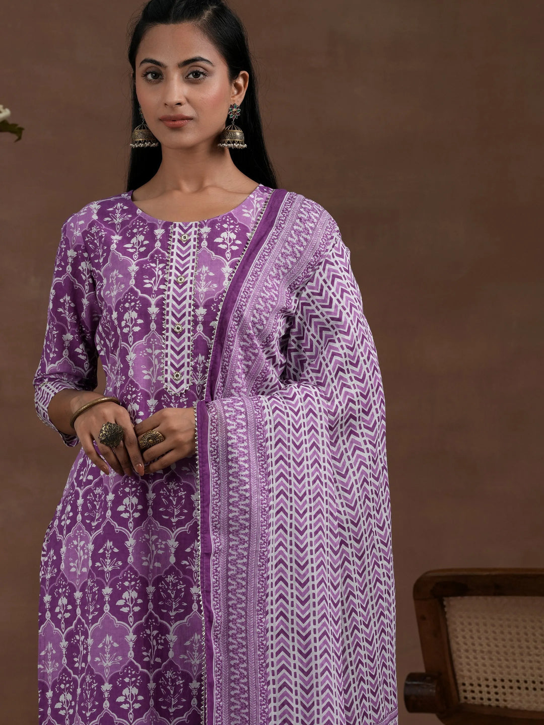  Purple Cotton Printed Straight Kurta 