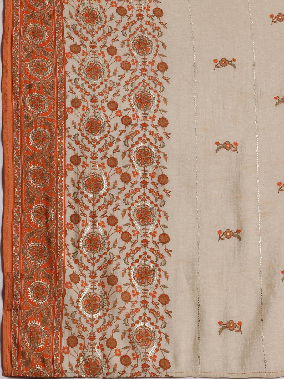 Orange Printed Silk Blend Straight Suit With Dupatta - Libas