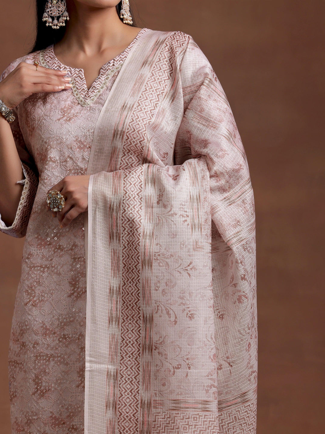 Beige Embroidered Cotton Blend Straight Suit With Dupatta - Libas 