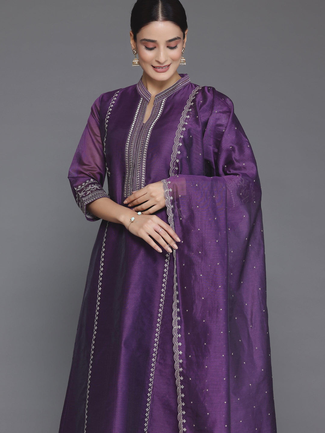 Wine Embroidered Chanderi Silk Straight Suit With Dupatta - Libas