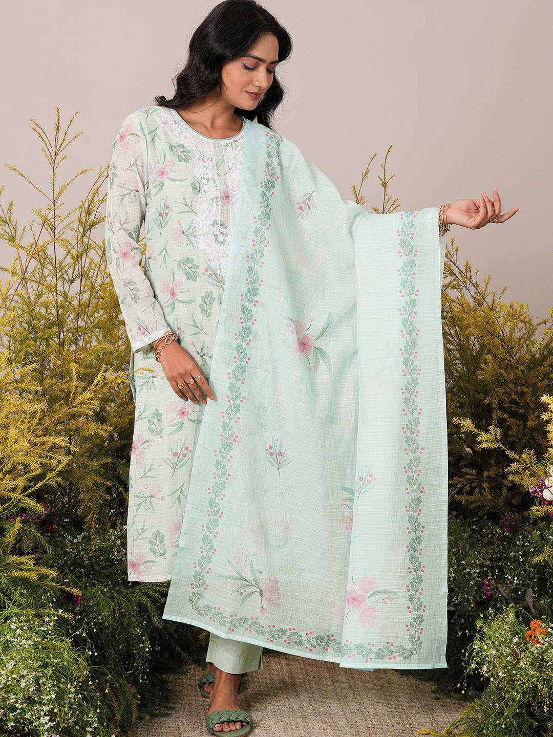 Green Printed Linen Straight Suit With Dupatta - Libas