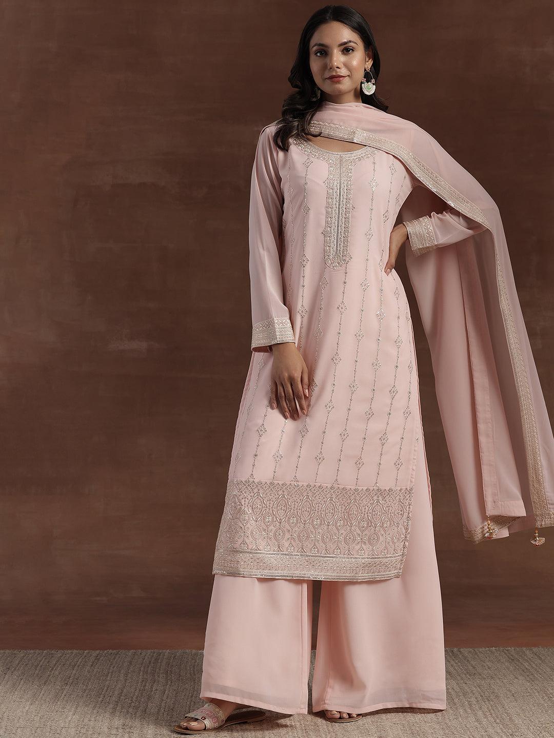 Peach Embroidered Georgette Straight Suit With Dupatta - Libas