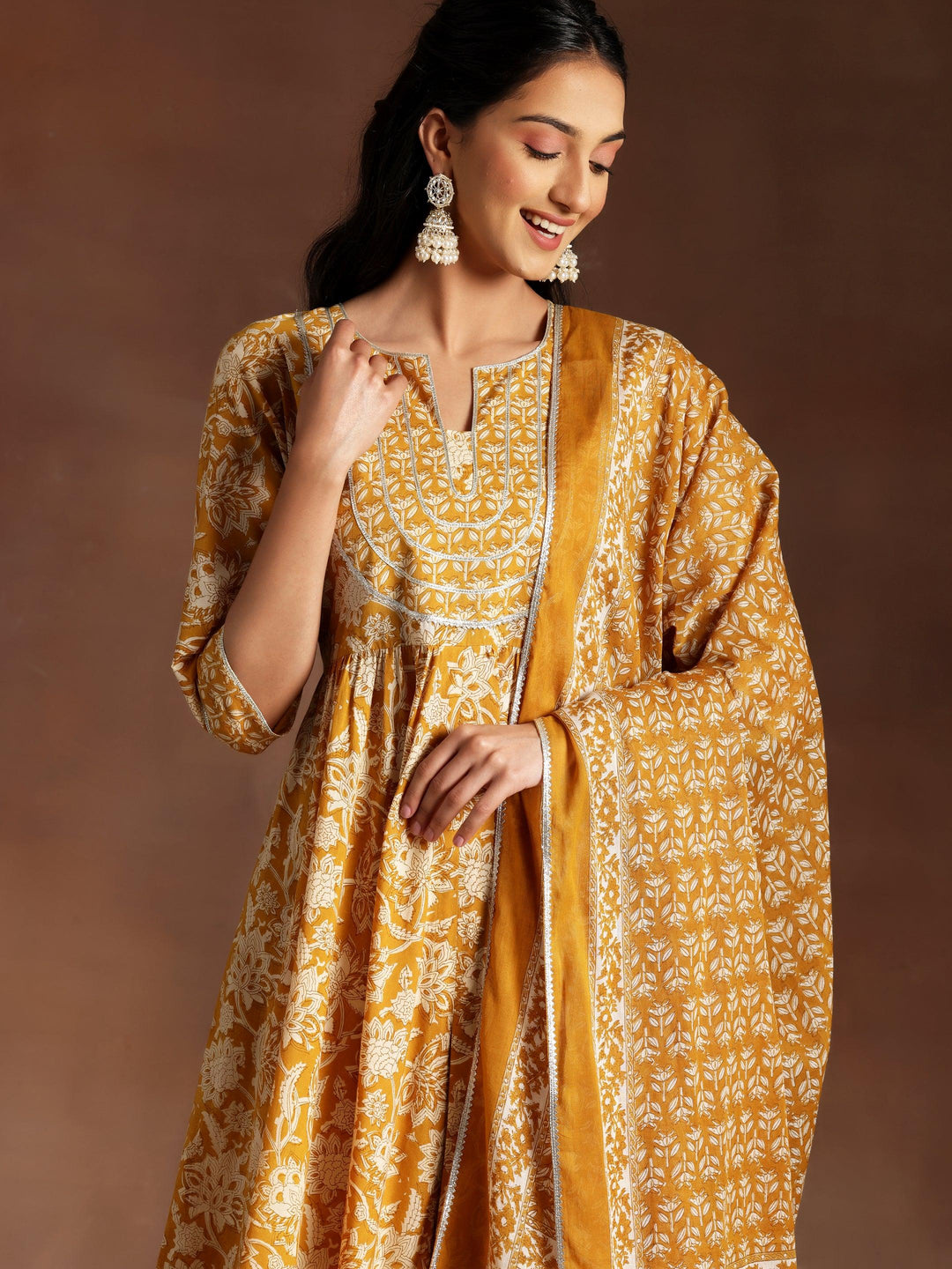 Mustard Printed Cotton Anarkali Suit With Dupatta - Libas 