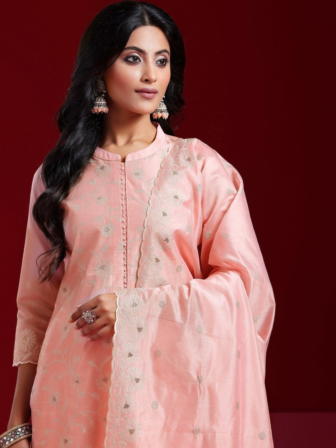 Libas Art Pink Embroidered Chanderi Silk Straight Suit With Dupatta - Libas 