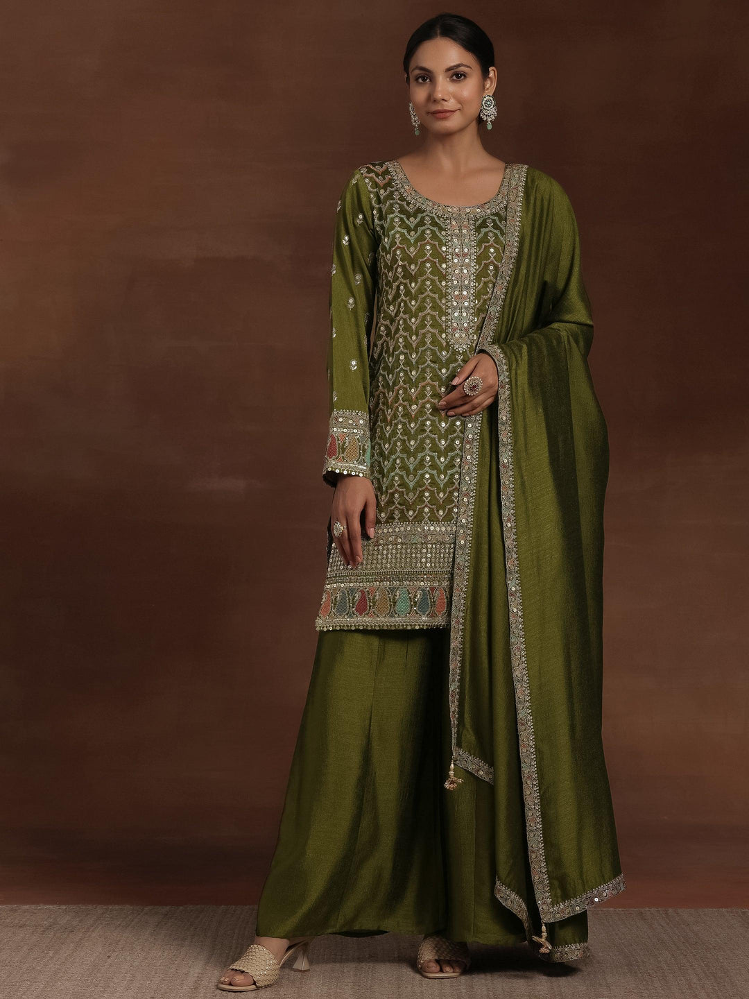 Olive Embroidered Silk Blend Straight Kurta With Palazzos & Dupatta - Libas 