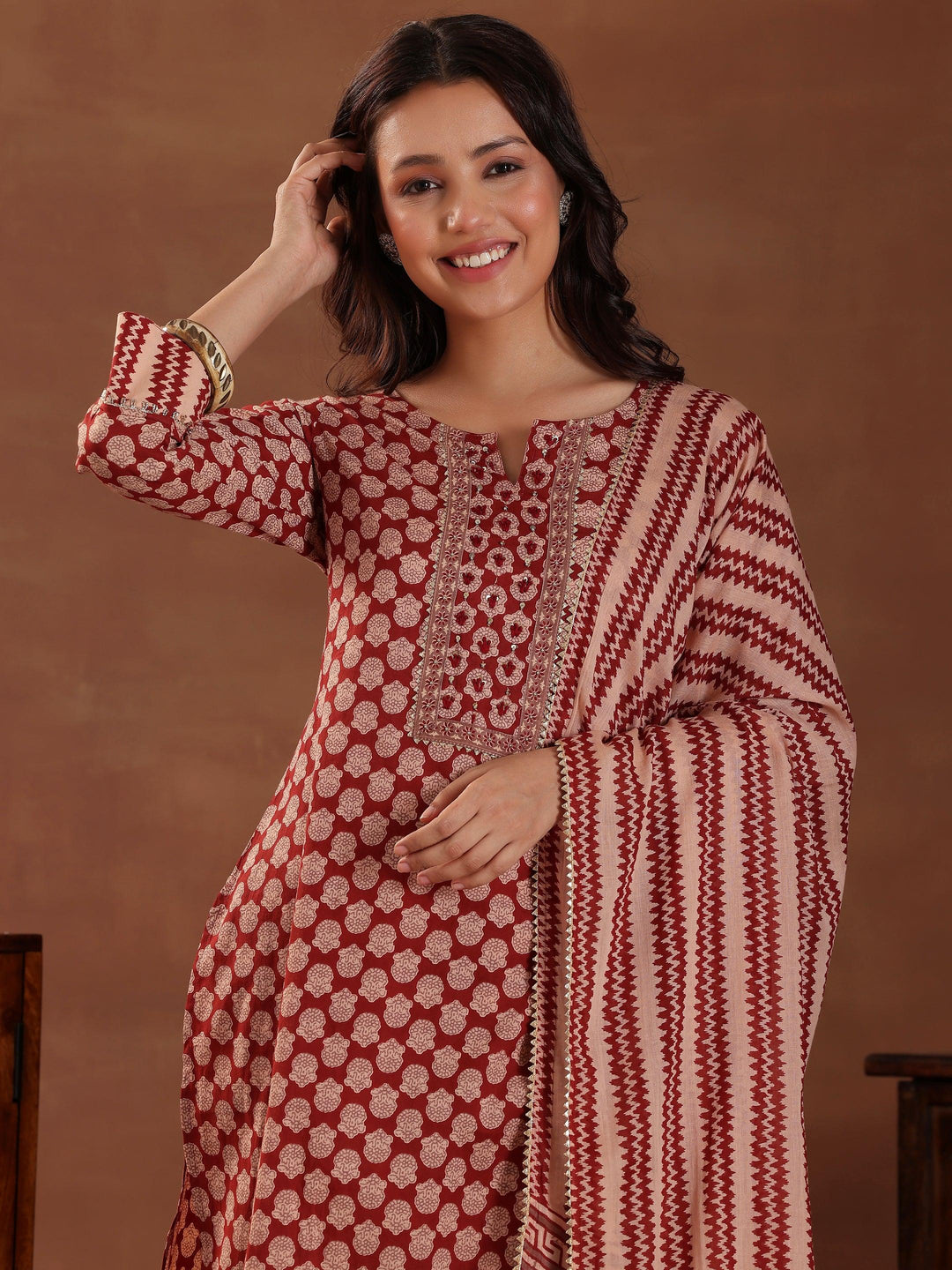 Maroon Printed Cotton Straight Suit With Dupatta - Libas