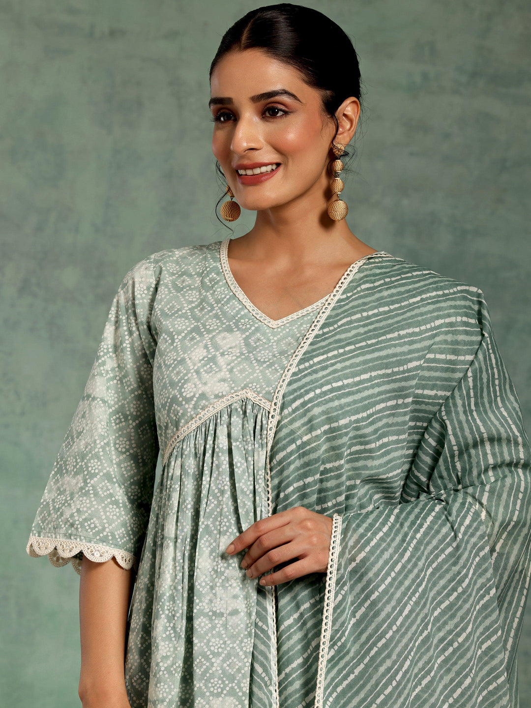 Green Printed Cotton A-Line Kurta With Palazzos & Dupatta - Libas 